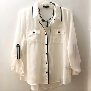 White blouse sheer with black trim